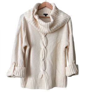 Talbots Cowl Neck Cream Cable Knit Sweater Wool Alpaca Blend Sz L